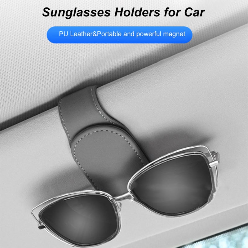 Magnetic Sunglass Holder: Grey PU Leather, Durable Scratch-resistant, High Elastic Secure Installation - Multi-purpose Storage Space for Car Driving - Image 3