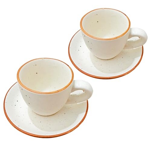 Pure Source India Ceramic Natural White Dotted Tea Cup and Saucer for Serving Tea, Espresso, or Herbal infusions (Capacity-75 ml) (Set of 2) - Image 1
