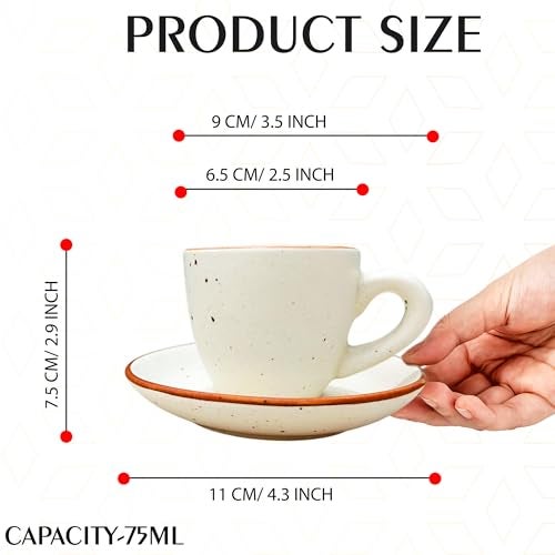 Pure Source India Ceramic Natural White Dotted Tea Cup and Saucer for Serving Tea, Espresso, or Herbal infusions (Capacity-75 ml) (Set of 2) - Image 3
