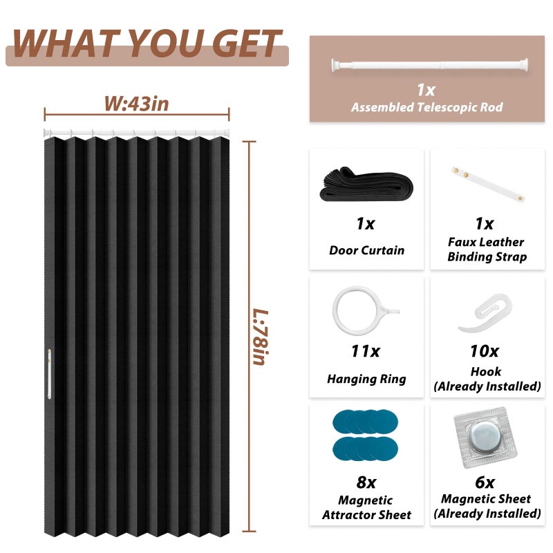 gonnrly Accordion Door Curtain - 100% Light-Blocking Bedroom Door Curtain with Included Rod for Easy Installation, Suitable for Doorway Privacy Black 43" W x 78" L - Image 2