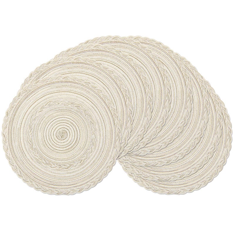 SHACOS Boho Round Placemats Set of 8 Braided Border Round Place Mats 15 inch Washable Dining Table Mats for Home Wedding Holiday Party (Ivory Bordered, 8) - Image 1