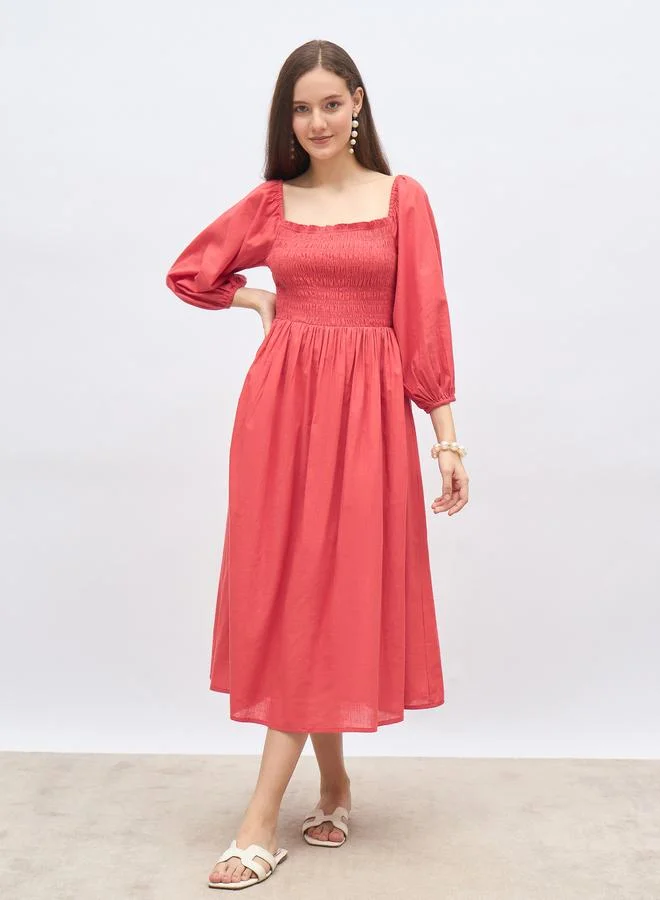 Styli Women Red Smocked Midi Dress