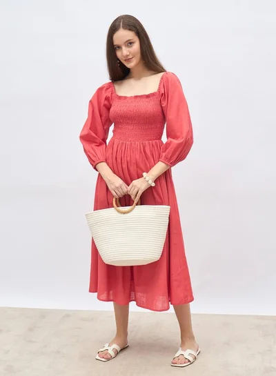 Styli Women Red Smocked Midi Dress