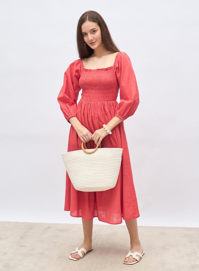 Styli Women Red Smocked Midi Dress - Image 1