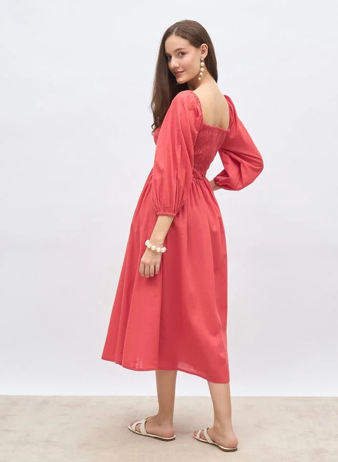 Styli Women Red Smocked Midi Dress