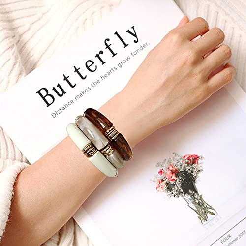GOOJIDS Simple Beaded Gold Plated Bangles Bracelet Chunky Bamboo Tube Curved Stacking Acrylic Colorful Beads Stretchable Gold Plated Bracelets Set For Women - Image 5