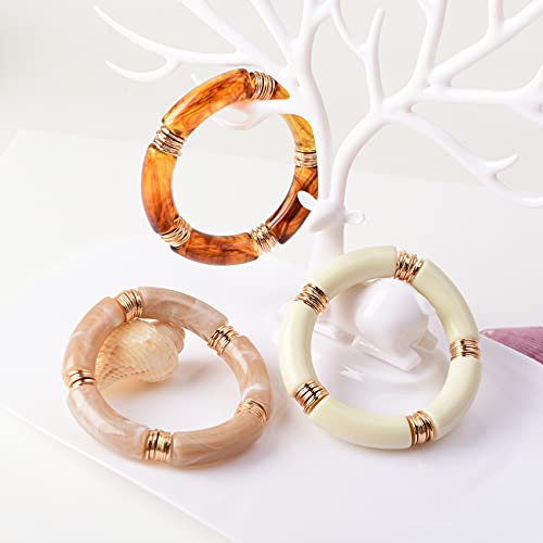 GOOJIDS Simple Beaded Gold Plated Bangles Bracelet Chunky Bamboo Tube Curved Stacking Acrylic Colorful Beads Stretchable Gold Plated Bracelets Set For Women - Image 3