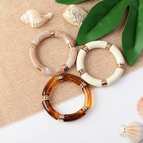 GOOJIDS Simple Beaded Gold Plated Bangles Bracelet Chunky Bamboo Tube Curved Stacking Acrylic Colorful Beads Stretchable Gold Plated Bracelets Set For Women - Image 4