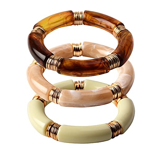 GOOJIDS Simple Beaded Gold Plated Bangles Bracelet Chunky Bamboo Tube Curved Stacking Acrylic Colorful Beads Stretchable Gold Plated Bracelets Set For Women - Image 1
