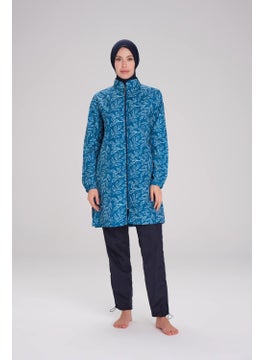 Nehar Leaf Patterned Blue Woven 3 Piece Hijab Swimsuit Set 2260  - Image 1