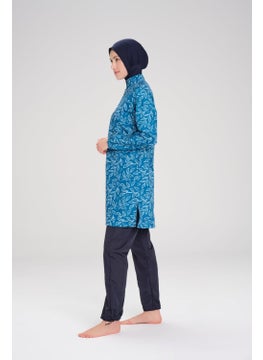 Nehar Leaf Patterned Blue Woven 3 Piece Hijab Swimsuit Set 2260  - Image 3