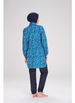 Nehar Leaf Patterned Blue Woven 3 Piece Hijab Swimsuit Set 2260  - Image 4