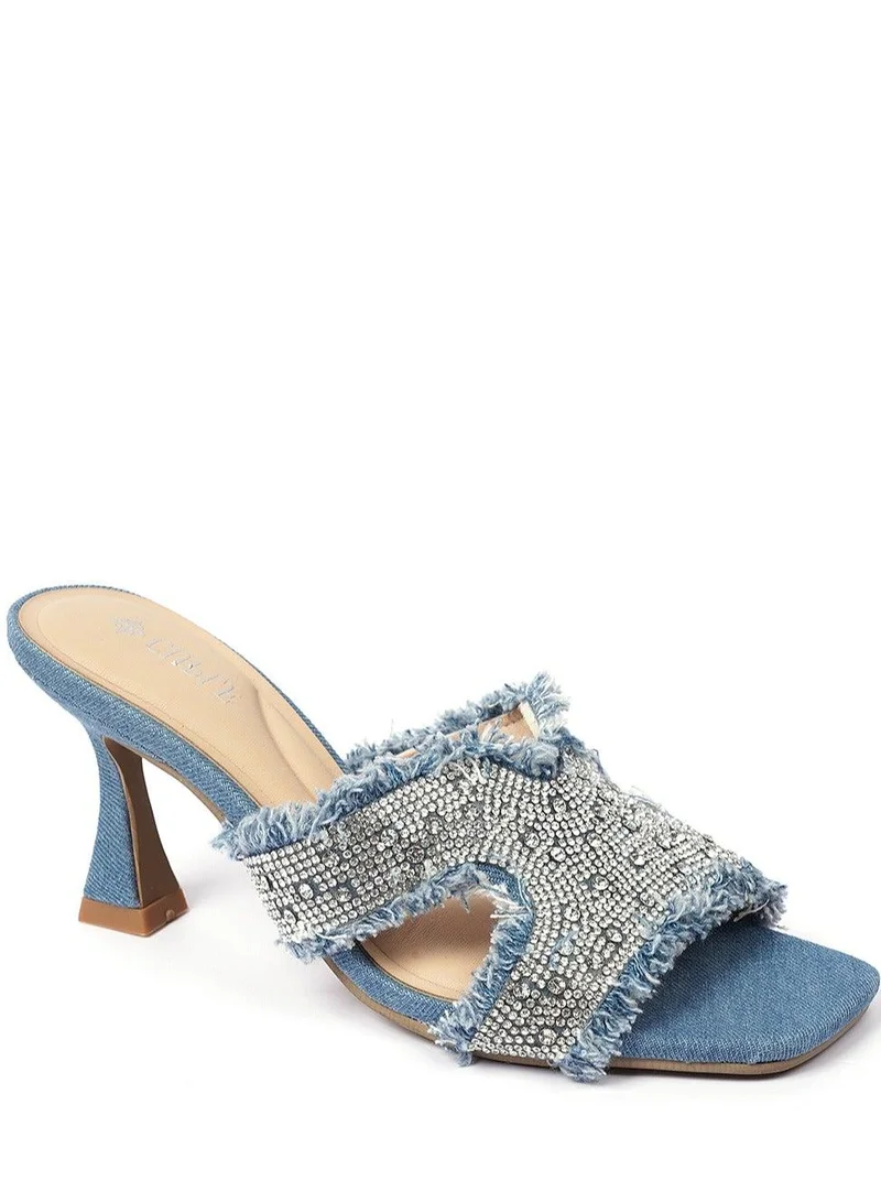 كابلي صندل كعب من الدنيم للموضة المريحة