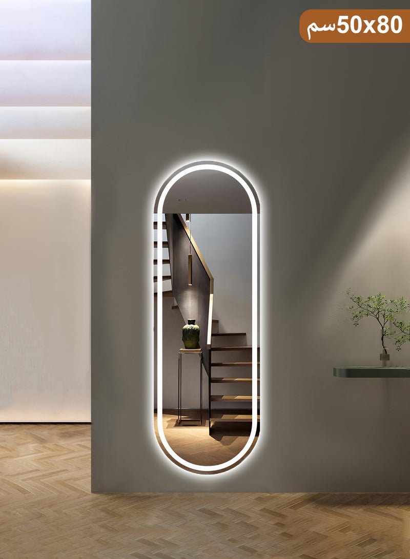 تايمي مرآة كاملة الطول مع إضاءة ليد امامية وخلفية تعمل باللمس، مرآة مثبتة على الحائط بثلاثة ألوان اضاءة قابلة للتعديل، مرآة للحمام وغرفة النوم وطاولة الزينة - 60x80 سم - Image 1