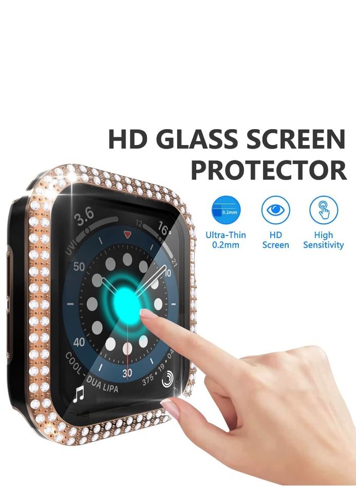 CAVIAR Smartwatch Luxury Anti Shock Screen Protector Cover Case Sensitive Touch Tempered Glass Screen Protector Two Tone Color Double Row Glitter Crystal Diamonds Apple Watch Series 8 7 45mm Rose Gold /Black - Image 4