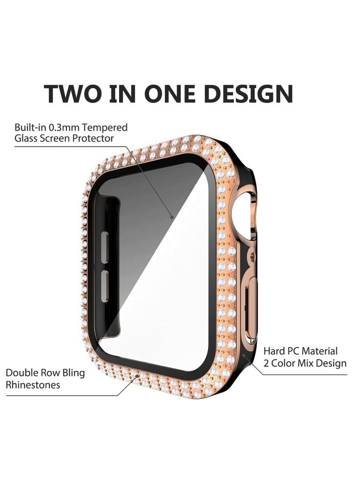 CAVIAR Smartwatch Luxury Anti Shock Screen Protector Cover Case Sensitive Touch Tempered Glass Screen Protector Two Tone Color Double Row Glitter Crystal Diamonds Apple Watch Series 8 7 45mm Rose Gold /Black - Image 2