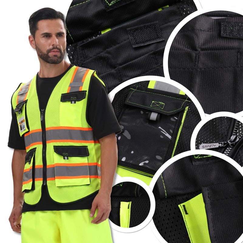 JKSafety Hi Vis Reflective Safety Vests for Men Women High Visibility Vest with Pockets Mesh Fabric Construction Safety Apparel Neon Vest for Work (220-Black XL) - Image 5