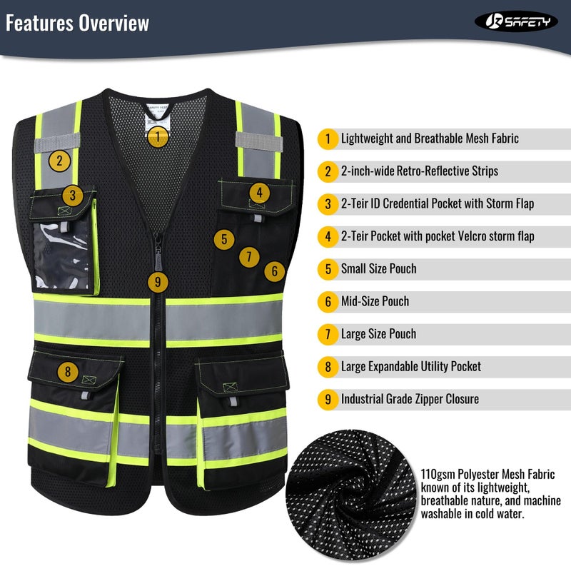 JKSafety Hi Vis Reflective Safety Vests for Men Women High Visibility Vest with Pockets Mesh Fabric Construction Safety Apparel Neon Vest for Work (220-Black XL) - Image 3