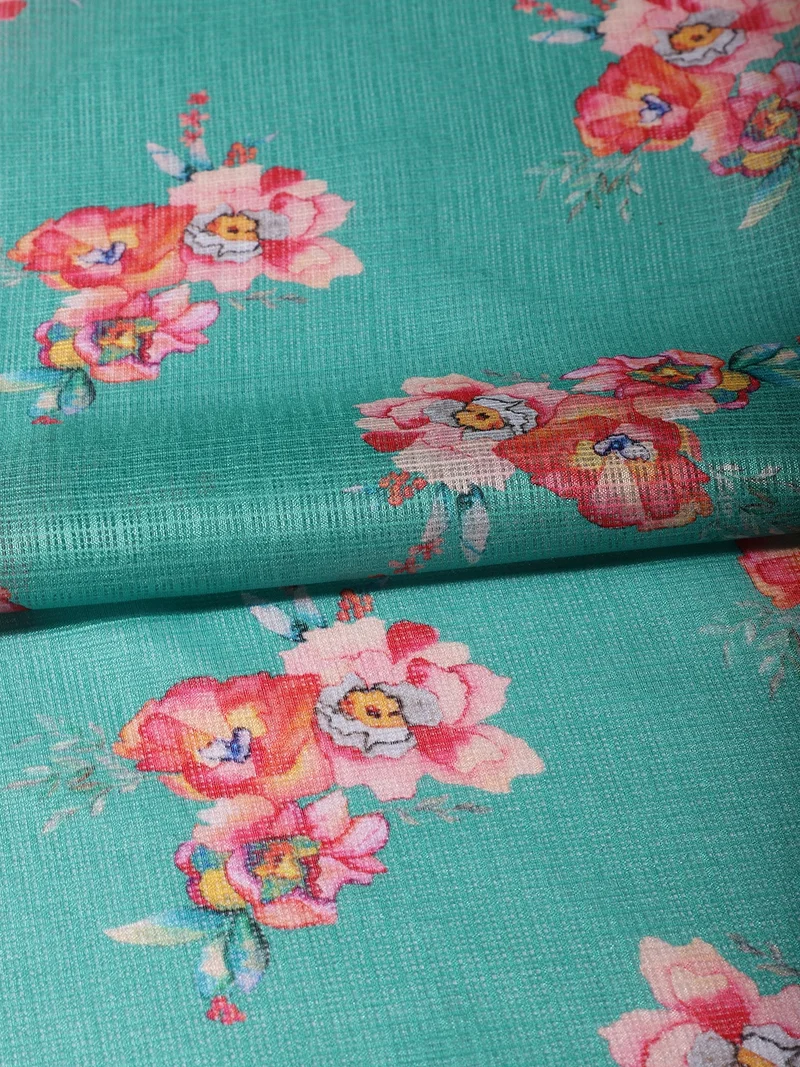 أيه كيه إس Teal Floral Textured Fabric One Meter