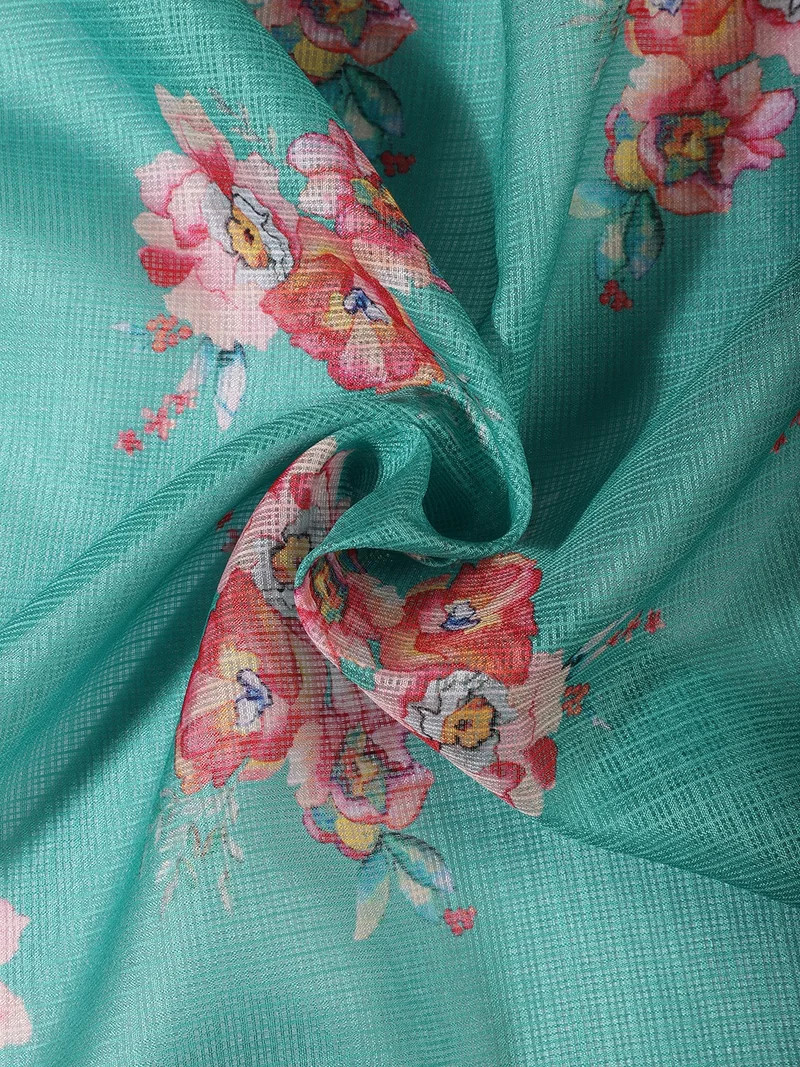 أيه كيه إس Teal Floral Textured Fabric One Meter