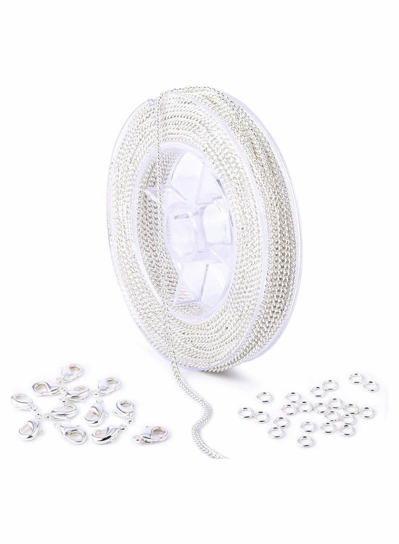 Silver Plated Necklace Chain Bulk - 33 Feet for DIY Craft, Includes 4mm Jump Ring and Lobster Clasps - Image 1