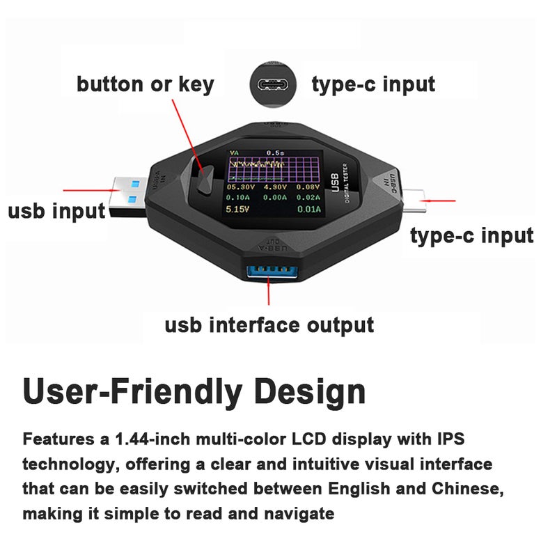 مقياس طاقة رقمي يحتوي على منفذ USB-C، مقياس متعدد الوظائف للجهد والتيار والطاقة، كاشف شحن للهواتف للجهازين من نوع Type-C و USB. - Image 3