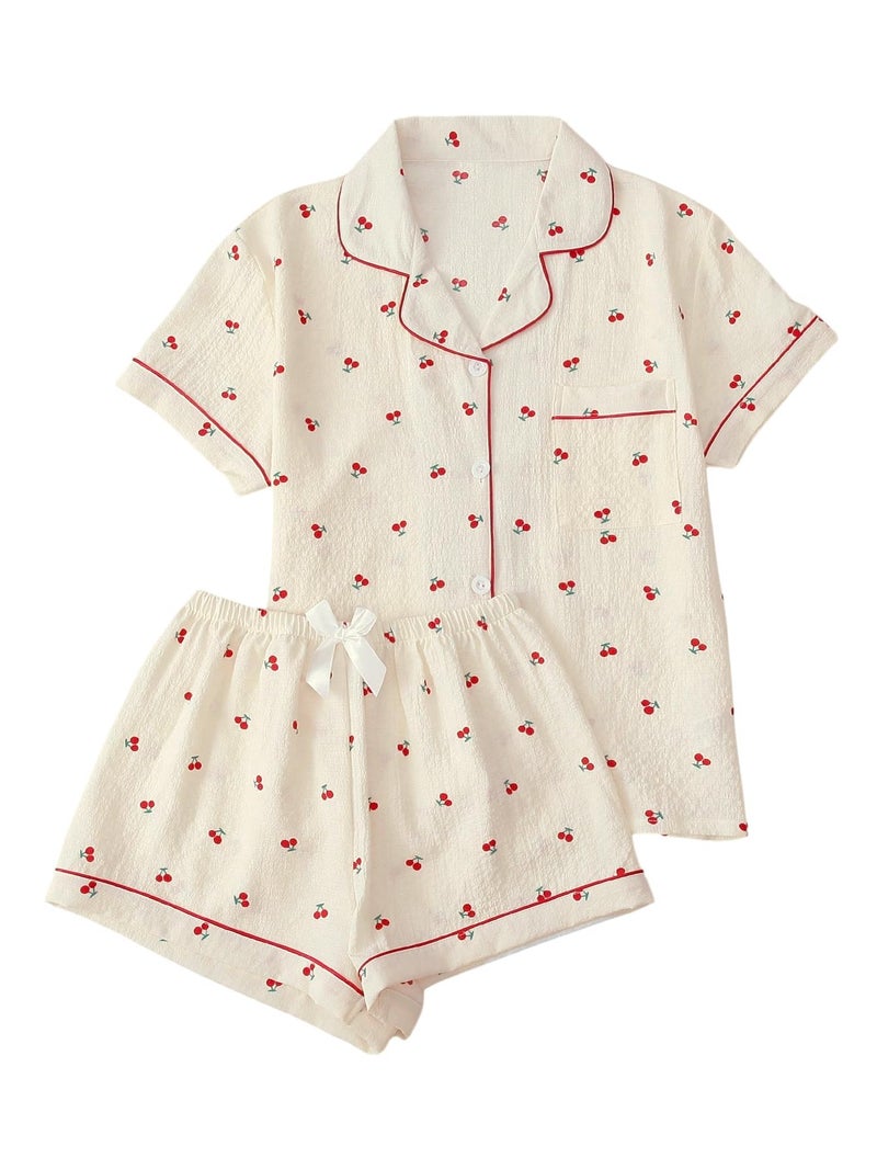 Verdusa Pajamas For Women Set 2 Piece Summer Pajama Sets Cute Pjs Lounge Matching Button Shirt with Shorts Apricot X-Small - Image 1