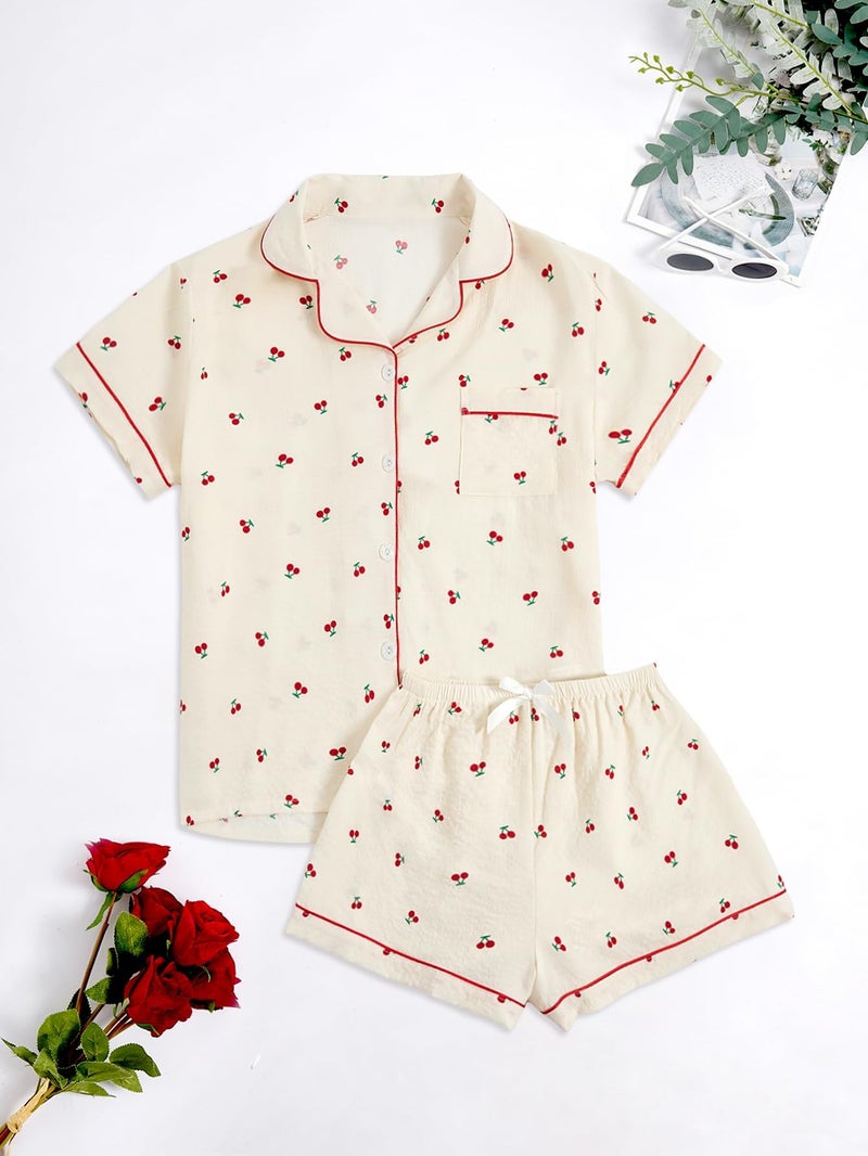 Verdusa Pajamas For Women Set 2 Piece Summer Pajama Sets Cute Pjs Lounge Matching Button Shirt with Shorts Apricot X-Small - Image 3