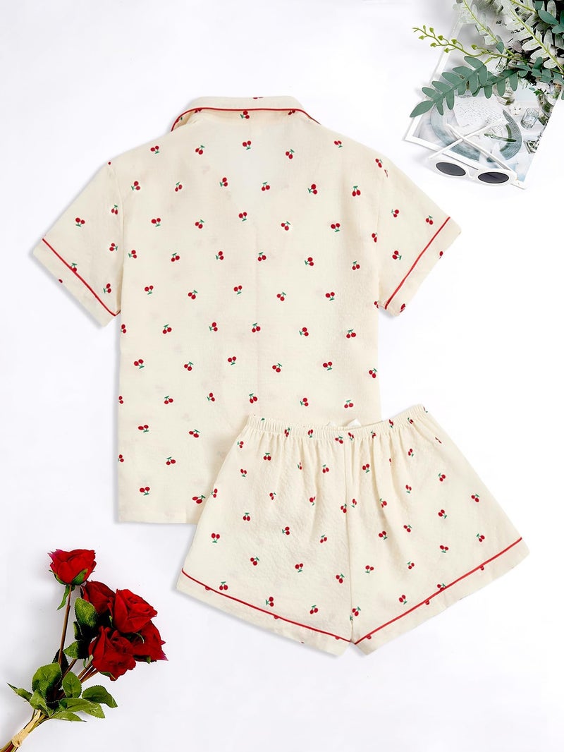 Verdusa Pajamas For Women Set 2 Piece Summer Pajama Sets Cute Pjs Lounge Matching Button Shirt with Shorts Apricot X-Small - Image 4