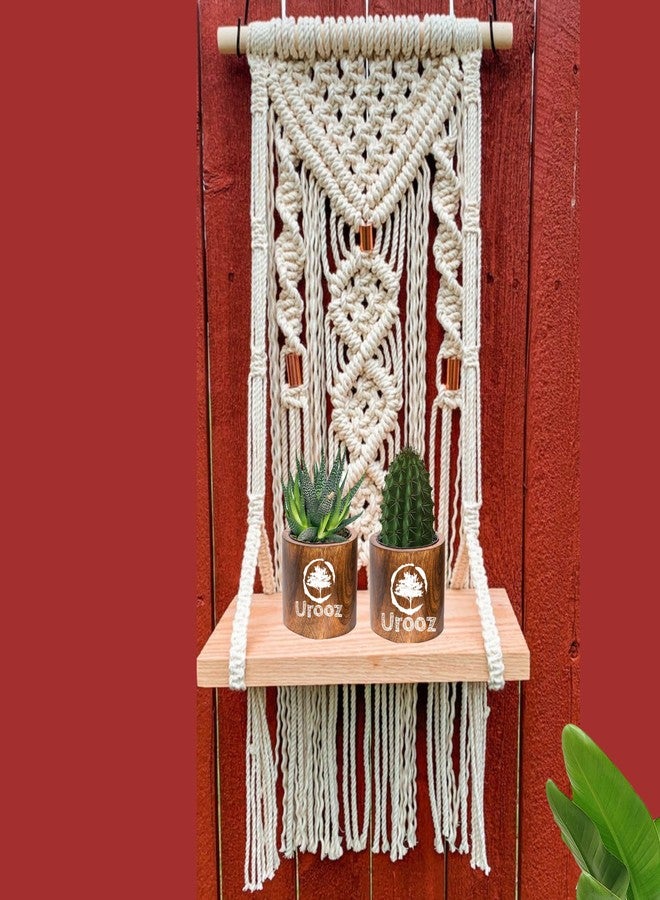 Urooz Macram Wooden Wall Hanging Shelf |978| Modern Chic Woven Macrame Tapestries, Wall Art Home Decor for Apartment, Dorm, Bedroom, Living Room, Nursery, Party Decorations, 15" Wx 16" H - Image 1