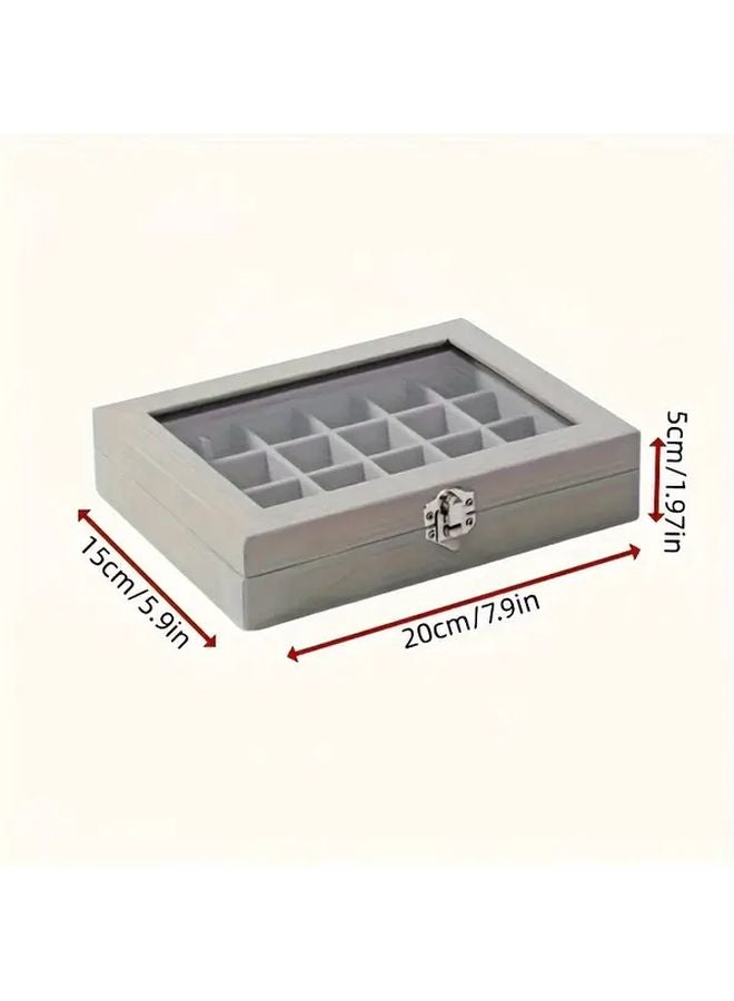 Multi Grid Gray Velvet Lined Wooden Jewelry Box With Snap Closure And Transparent Lid - Image 3