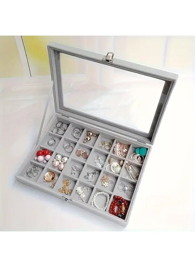 Multi Grid Gray Velvet Lined Wooden Jewelry Box With Snap Closure And Transparent Lid - Image 2