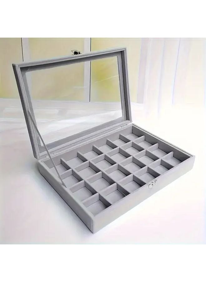 Multi Grid Gray Velvet Lined Wooden Jewelry Box With Snap Closure And Transparent Lid - Image 4