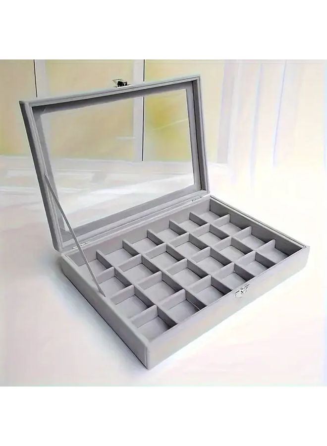 Multi Grid Gray Velvet Lined Wooden Jewelry Box With Snap Closure And Transparent Lid - Image 5