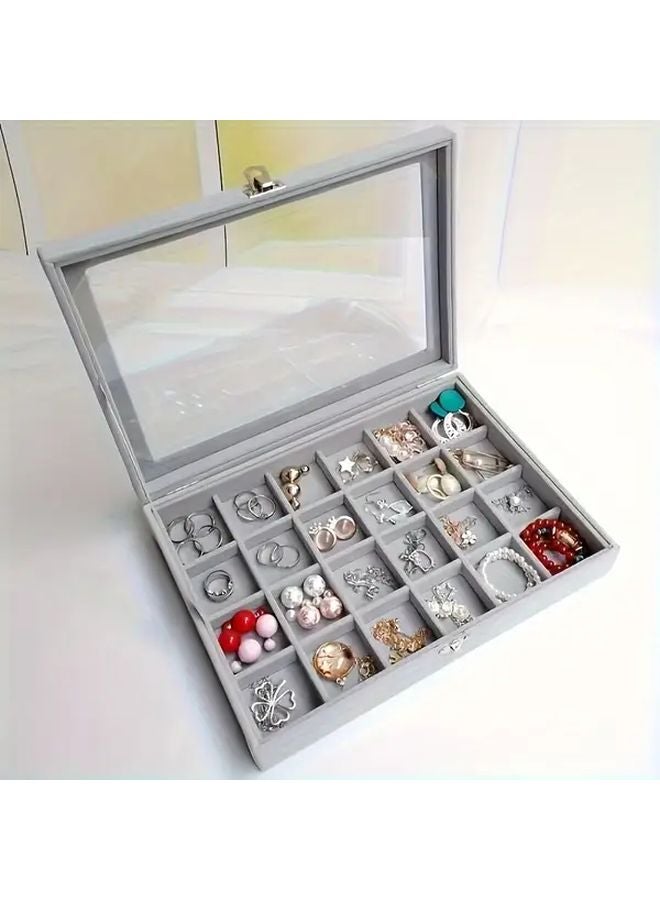 Multi Grid Gray Velvet Lined Wooden Jewelry Box With Snap Closure And Transparent Lid - Image 1