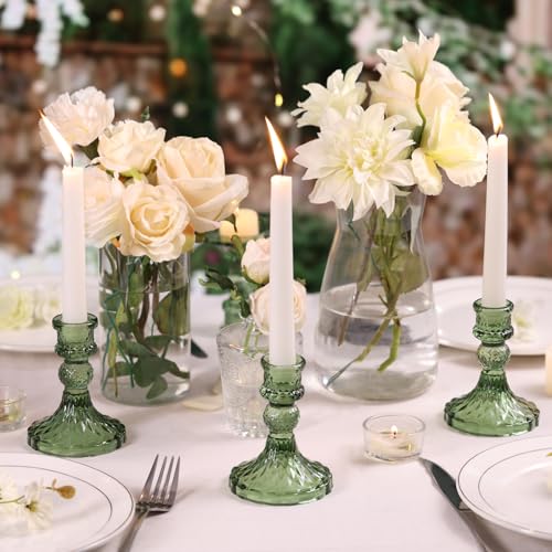 Simeitol Glass Candle Holder Set of 12, Green Taper Candle Holders Bulk, Vintage Candlestick Holders, Candle Stick Holder for Table Centerpieces, Wedding, Festival & Home Decor - Image 2
