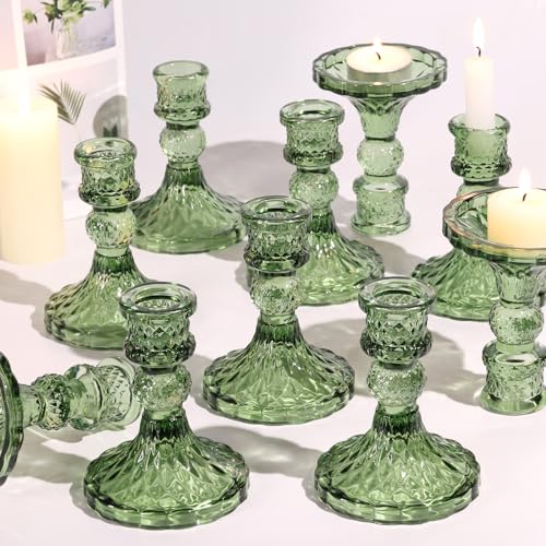 Simeitol Glass Candle Holder Set of 12, Green Taper Candle Holders Bulk, Vintage Candlestick Holders, Candle Stick Holder for Table Centerpieces, Wedding, Festival & Home Decor - Image 1