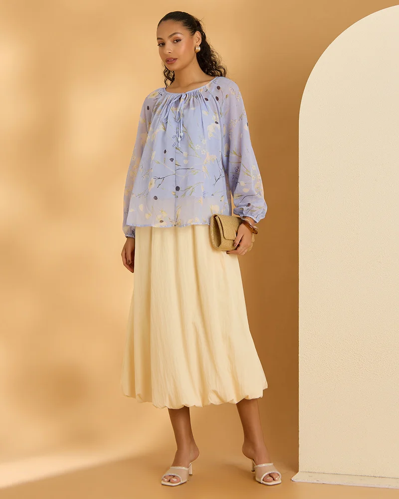 Redtag Women Blue Round Neck Long Sleeve Blouse