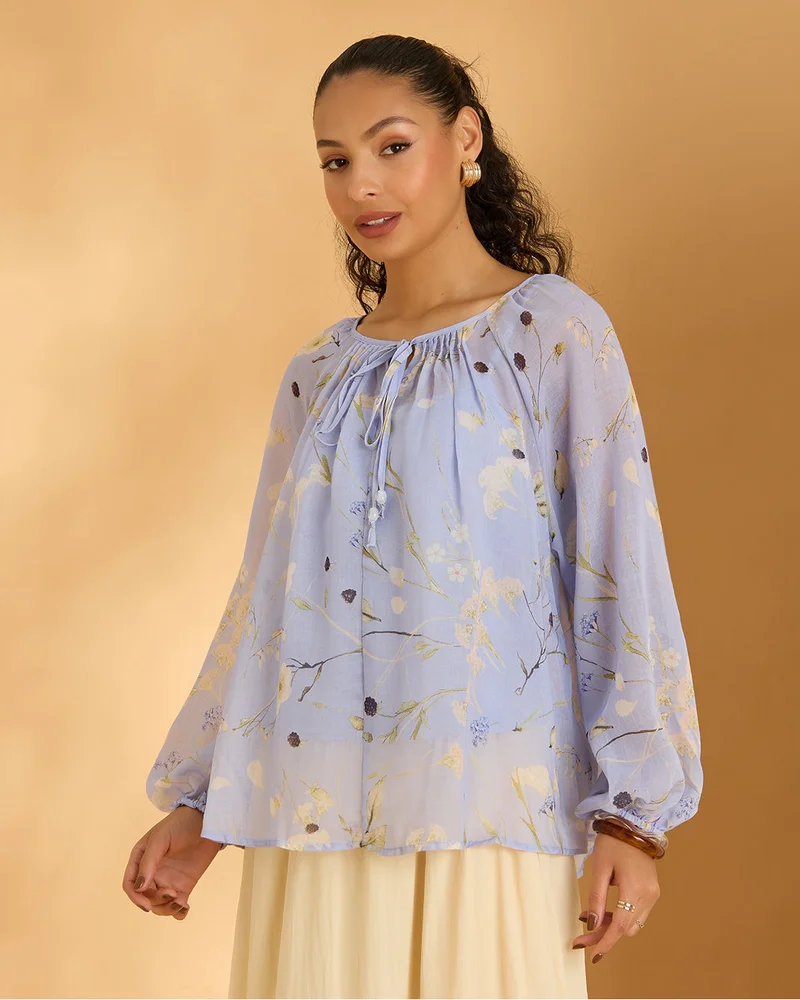 Redtag Women Blue Round Neck Long Sleeve Blouse