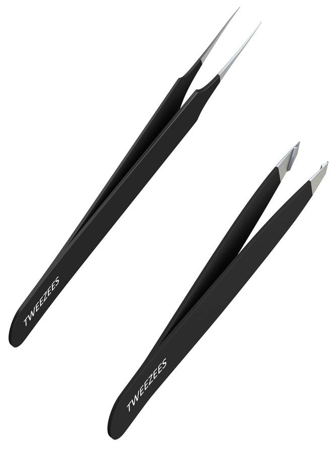 Tweezees Precision Black Stainless Steel Tweezers | Professional Slant Tip & Splinter Tip Tweezer For Eyebrows | Extra Sharp Hair Removal Tool | For Eyebrow Shaping | For Men And Women - Image 1