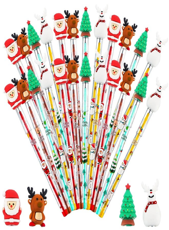 Qilery 24 Pcs Christmas Pencils Assorted Multi Point Stackable Push Pencil Christmas Tree Santa Claus Snowman Elk Pens for School Party Favors Supplies Classroom Rewards Gifts - Image 1