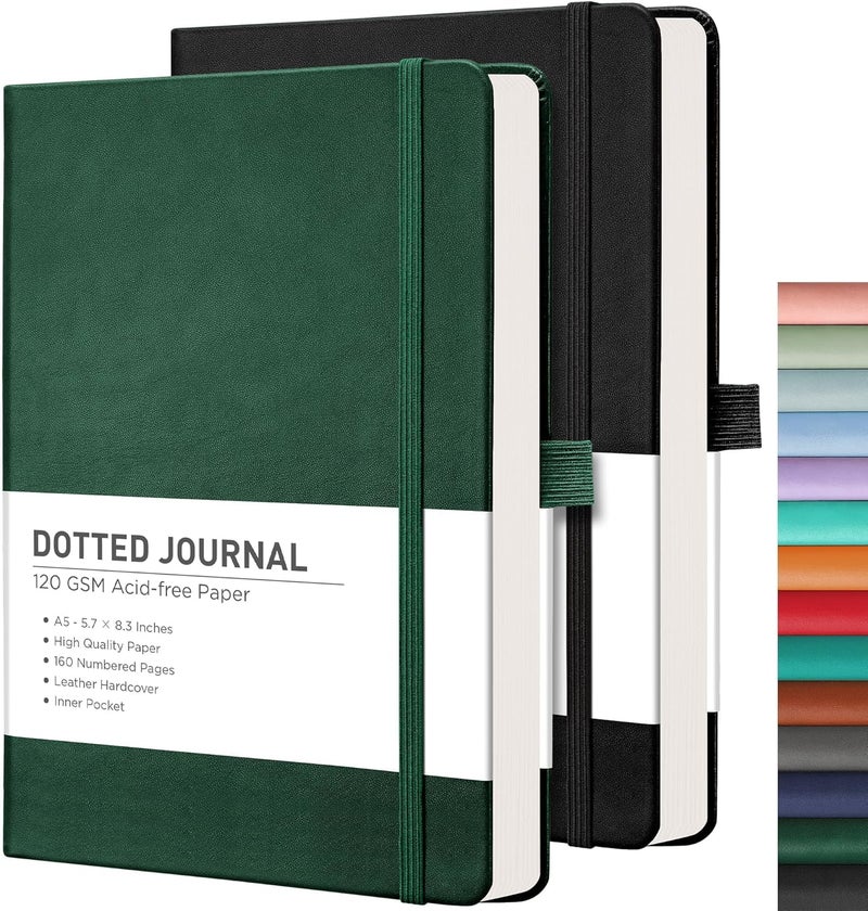 RETTACY Bullet Dotted Journal Notebook, 2-Pack, 160 Numbered Pages per Pack, A5 Medium Size (5.7'' x 8.3''), 120 GSM Thick Paper, Leather Hardcover, for Bullet Journaling (Black & Dark Green) - Image 1