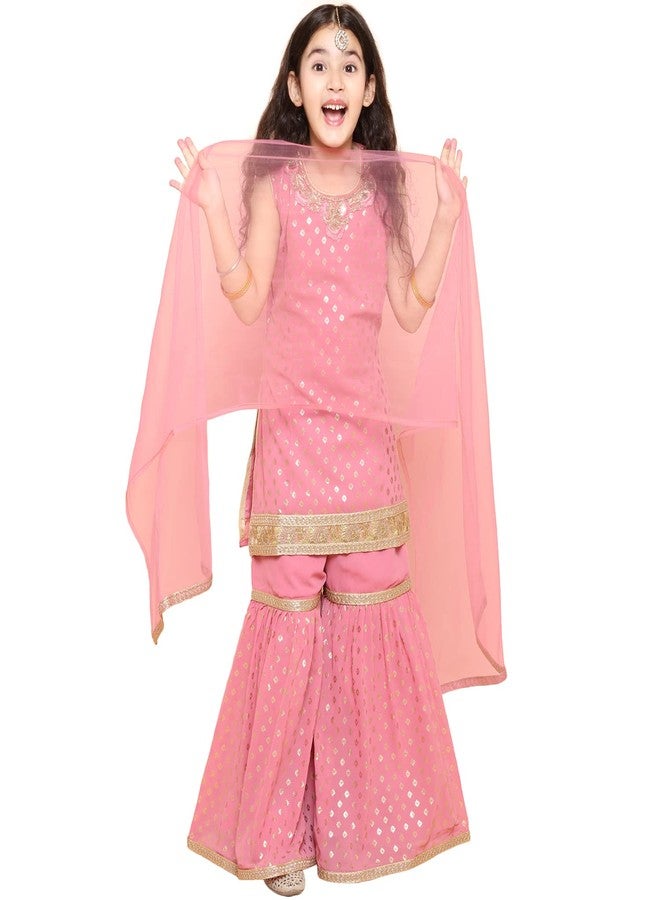 Adiva Kids Georgette Sleeveless Pink Kurta Sharara Set for Girls - Ethnic Wear | Festival Wear - Foil Printed Pattern, Regular Fit - Image 1