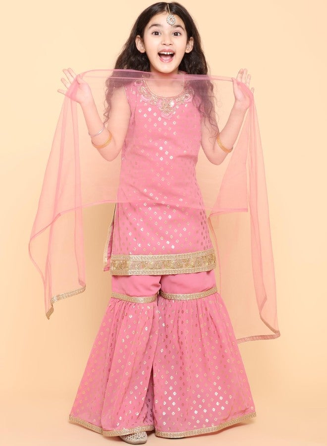 Adiva Kids Georgette Sleeveless Pink Kurta Sharara Set for Girls - Ethnic Wear | Festival Wear - Foil Printed Pattern, Regular Fit - Image 2