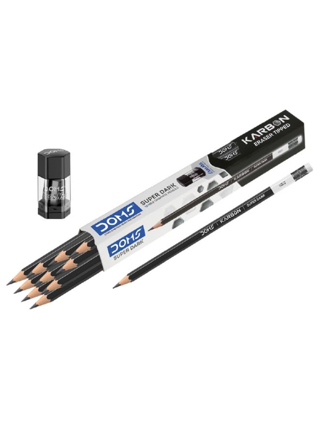DOMS Karbon Eraser-Tipped Super Dark Graphite Pencils HB/2 – 12 Pencils with 1 Eras-Ner (Eraser + Sharpener) – 185mm Length – Smooth Writing - Image 1