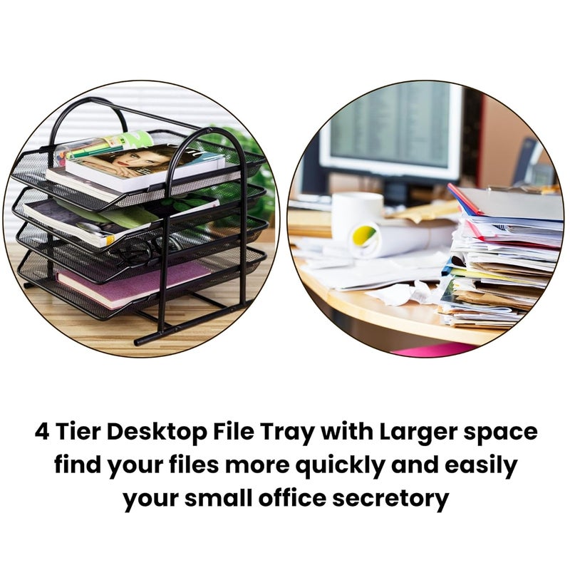 GoodWill Tech Desk File Metalic Tray/Rack, 4 Tier Metal Mesh A4 Files/Documents/Papers/Folders Holder Front-Loading Pull Out Trays Paper Tray For Office Organizer Desk (Black) - Image 4
