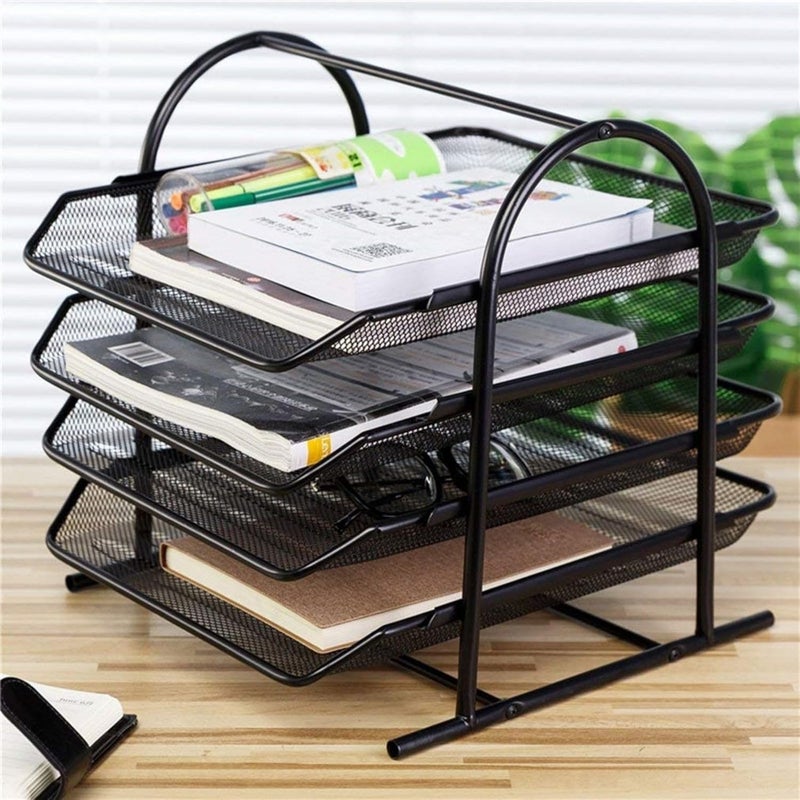 GoodWill Tech Desk File Metalic Tray/Rack, 4 Tier Metal Mesh A4 Files/Documents/Papers/Folders Holder Front-Loading Pull Out Trays Paper Tray For Office Organizer Desk (Black) - Image 5