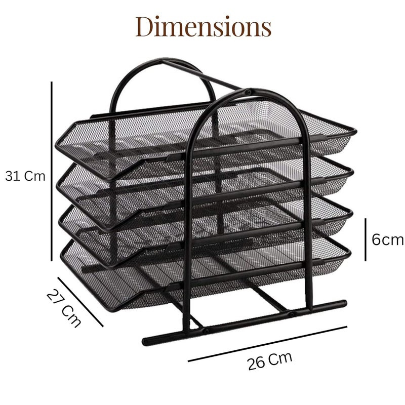 GoodWill Tech Desk File Metalic Tray/Rack, 4 Tier Metal Mesh A4 Files/Documents/Papers/Folders Holder Front-Loading Pull Out Trays Paper Tray For Office Organizer Desk (Black) - Image 1