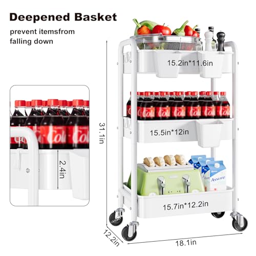 Aofure 3 Tier Rolling Cart Metal with Wheels White Three Tiered Craft Cart Organizer on Wheels Storage Utility Carts for Art Baby NurseryDiaper Caddy Cleaning Supplies NailLashSnackBookRoller Shelf - Image 3