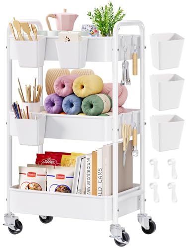 Aofure 3 Tier Rolling Cart Metal with Wheels White Three Tiered Craft Cart Organizer on Wheels Storage Utility Carts for Art Baby NurseryDiaper Caddy Cleaning Supplies NailLashSnackBookRoller Shelf - Image 1
